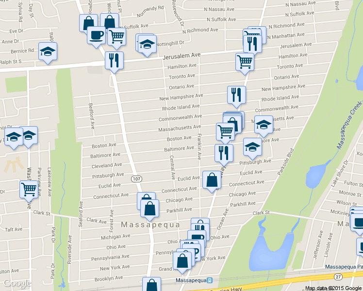 map of restaurants, bars, coffee shops, grocery stores, and more near 115 Baltimore Avenue in Massapequa