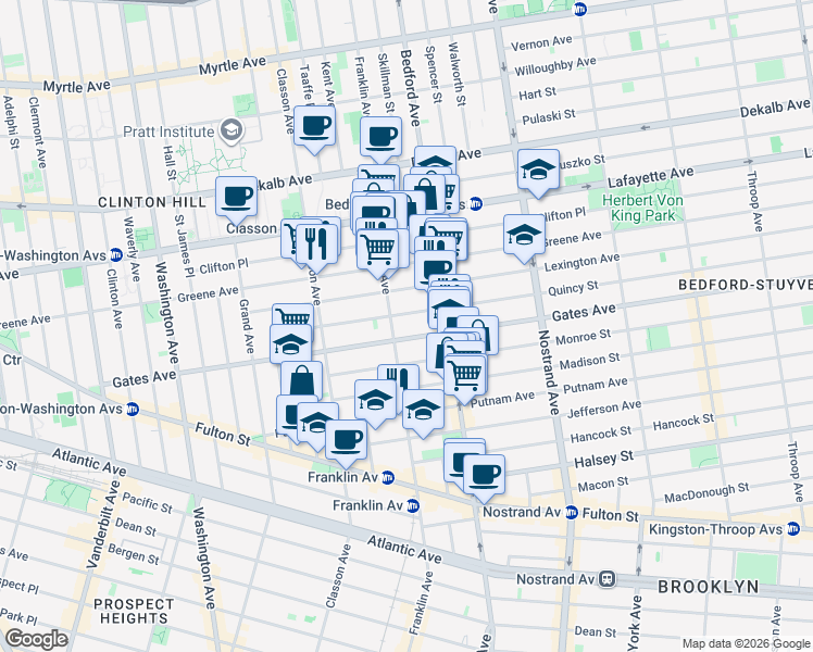 map of restaurants, bars, coffee shops, grocery stores, and more near 128 Quincy Street in Brooklyn