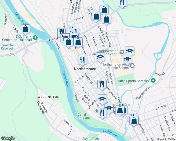 map of restaurants, bars, coffee shops, grocery stores, and more near Main Street in Bethlehem