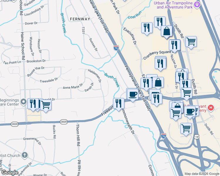 map of restaurants, bars, coffee shops, grocery stores, and more near 250 Clearbrook Court in Cranberry Township