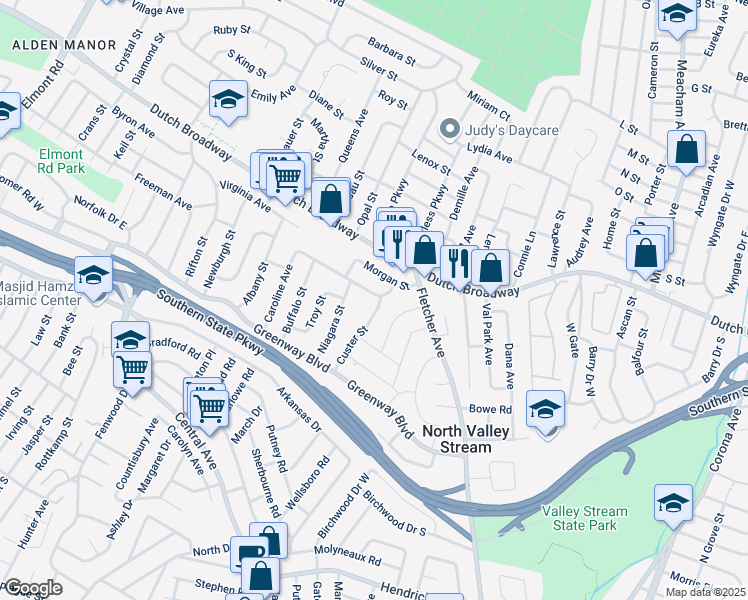 map of restaurants, bars, coffee shops, grocery stores, and more near 723 Caroline Avenue in Valley Stream