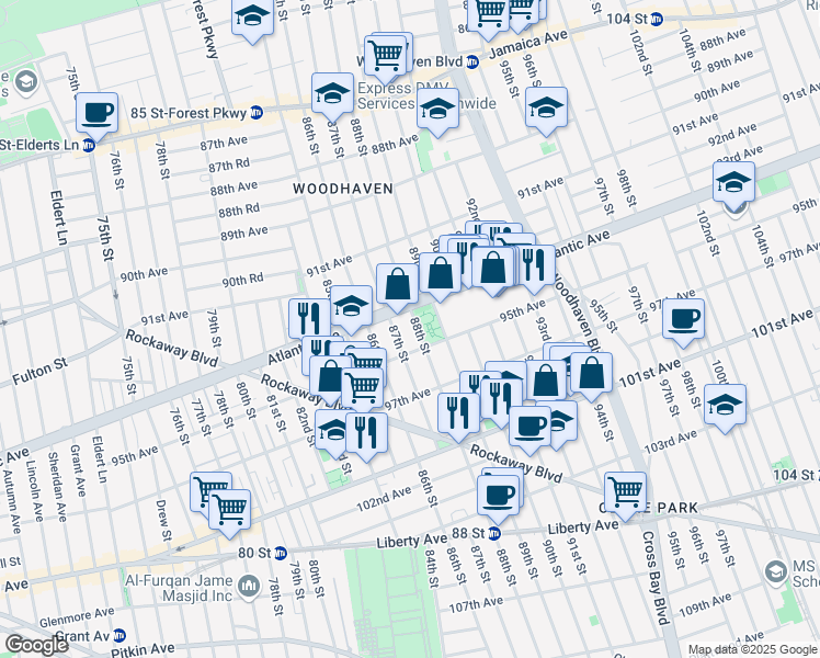 map of restaurants, bars, coffee shops, grocery stores, and more near 94-22 88th Street in Queens