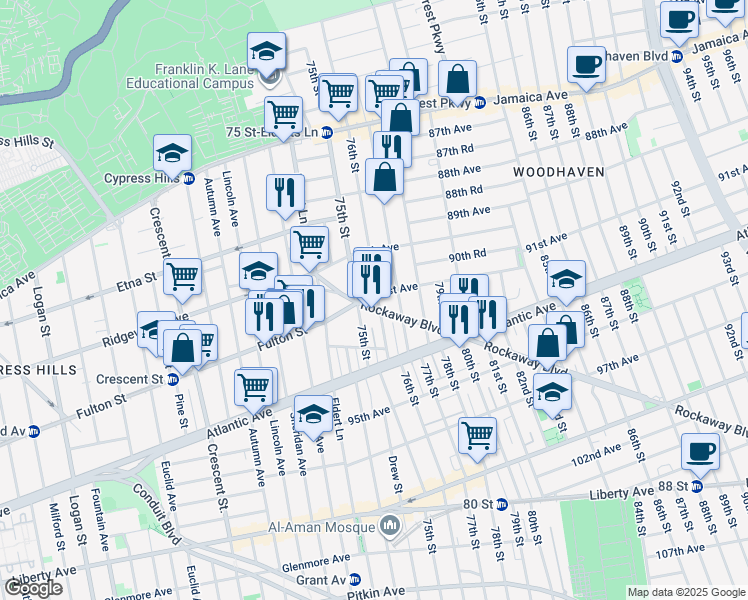 map of restaurants, bars, coffee shops, grocery stores, and more near 75-11 Rockaway Boulevard in Queens