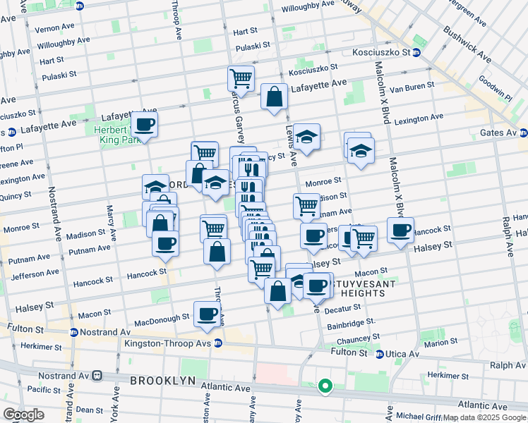 map of restaurants, bars, coffee shops, grocery stores, and more near 500 Madison Street in Brooklyn