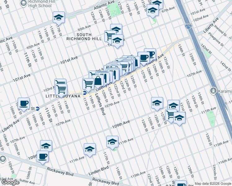 map of restaurants, bars, coffee shops, grocery stores, and more near 104-38 122nd Street in Queens