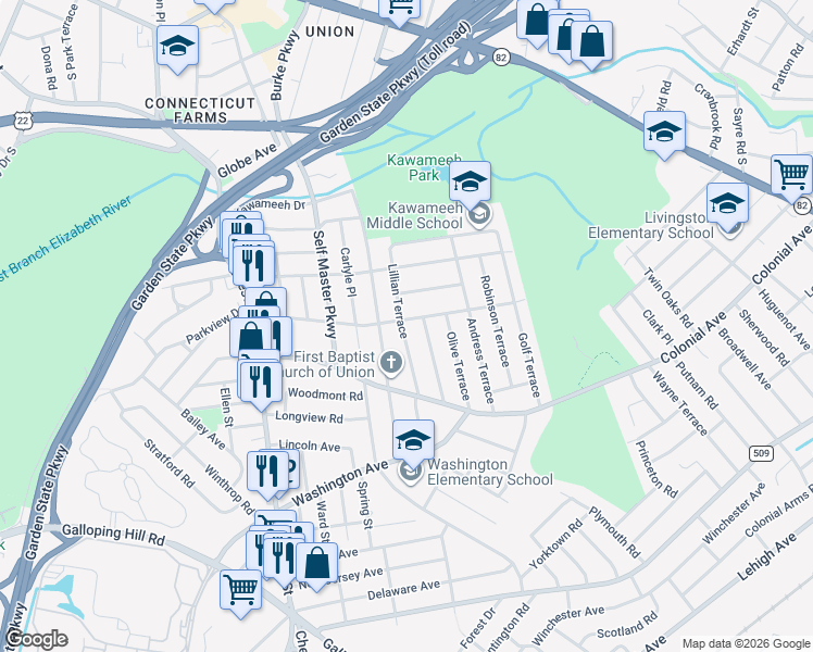 map of restaurants, bars, coffee shops, grocery stores, and more near 375 Crawford Terrace in Union