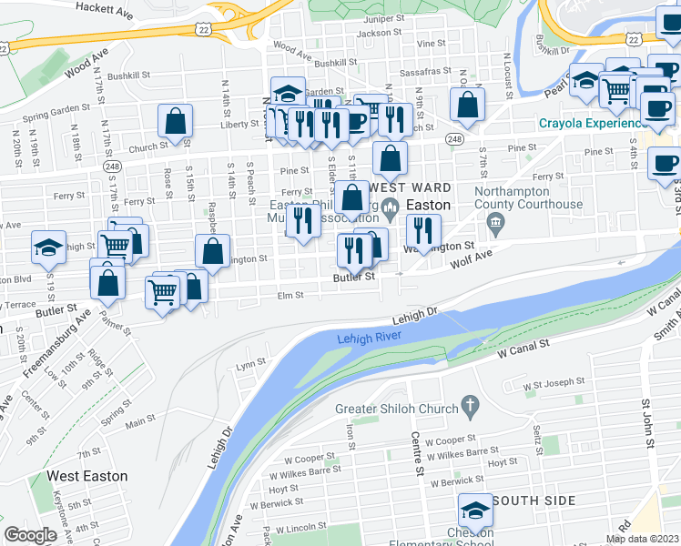 map of restaurants, bars, coffee shops, grocery stores, and more near 1129 Butler Street in Easton