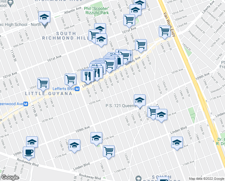 map of restaurants, bars, coffee shops, grocery stores, and more near 104-62 124th Street in Queens