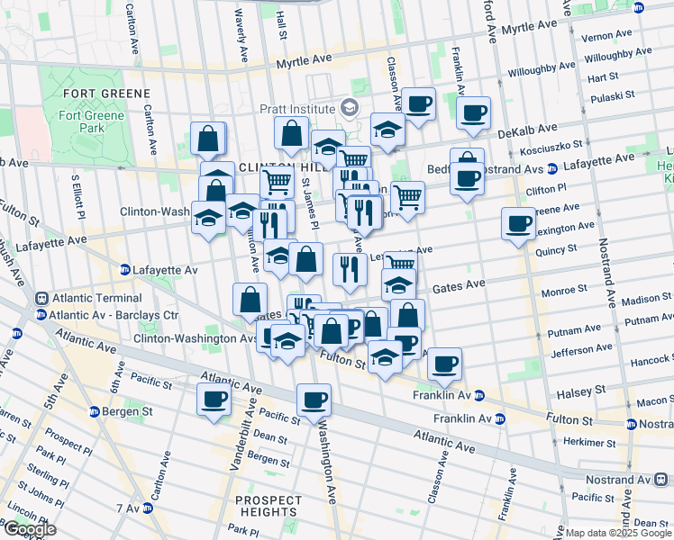map of restaurants, bars, coffee shops, grocery stores, and more near 34 Cambridge Place in Brooklyn