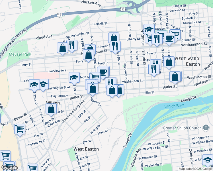 map of restaurants, bars, coffee shops, grocery stores, and more near 1608 Washington Boulevard in Easton