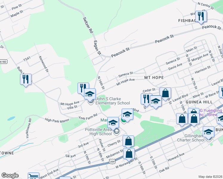 map of restaurants, bars, coffee shops, grocery stores, and more near 1515 Mount Hope Avenue in Pottsville