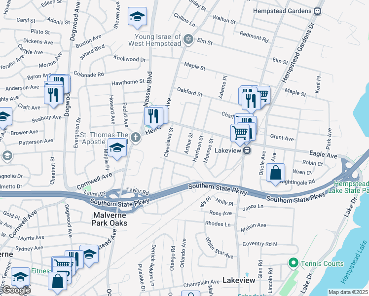 map of restaurants, bars, coffee shops, grocery stores, and more near 850 Arthur Street in West Hempstead