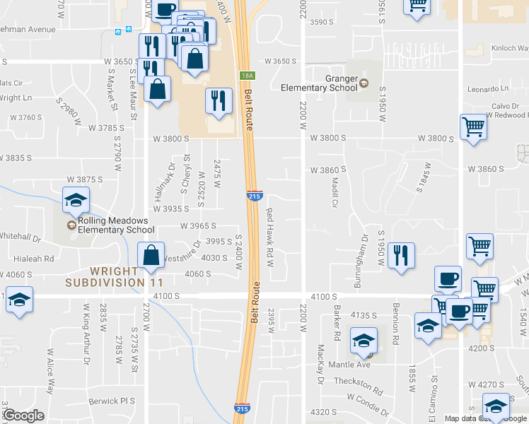 map of restaurants, bars, coffee shops, grocery stores, and more near 3932 Red Hawk Road West in West Valley City