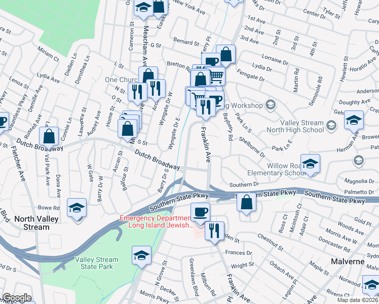 map of restaurants, bars, coffee shops, grocery stores, and more near 831 N Corona Ave in Valley Stream