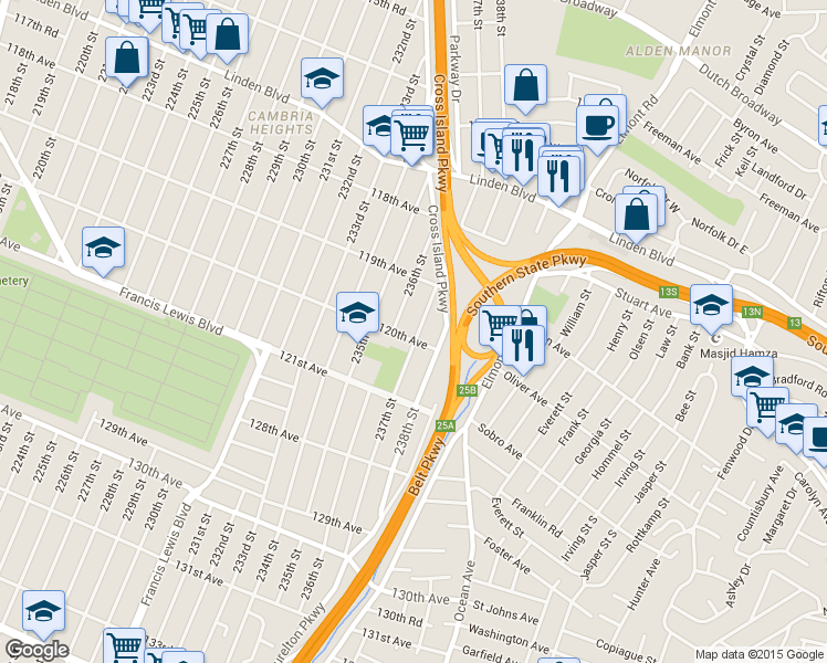 map of restaurants, bars, coffee shops, grocery stores, and more near 236-17 120th Avenue in Queens