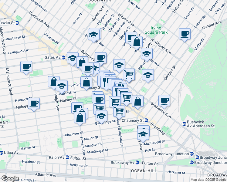 map of restaurants, bars, coffee shops, grocery stores, and more near 1567 Broadway in Brooklyn