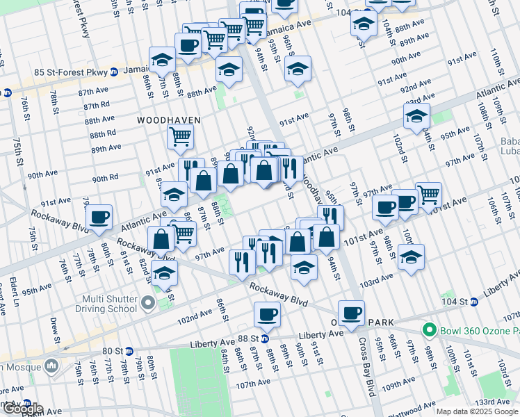 map of restaurants, bars, coffee shops, grocery stores, and more near 90-12 95th Avenue in Queens