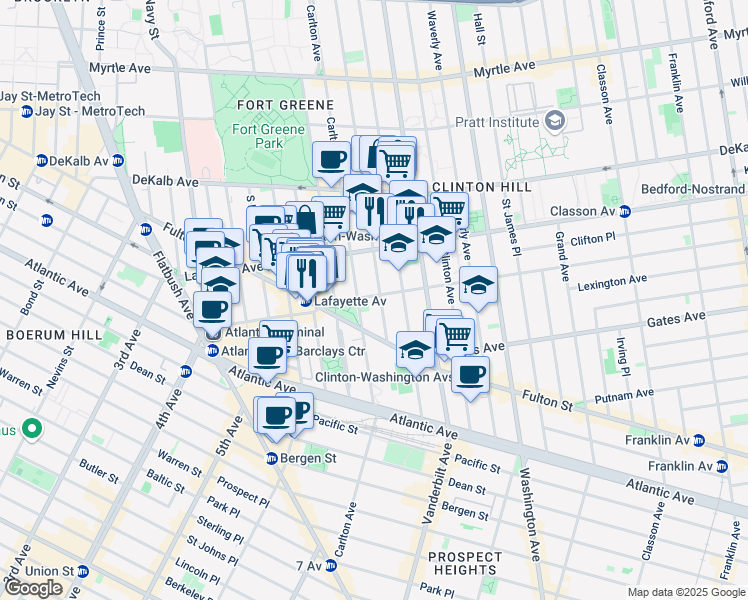 map of restaurants, bars, coffee shops, grocery stores, and more near 48 Greene Avenue in Brooklyn