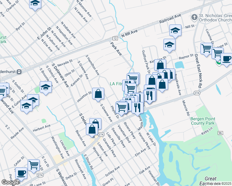 map of restaurants, bars, coffee shops, grocery stores, and more near 126 Kramer Drive in Lindenhurst