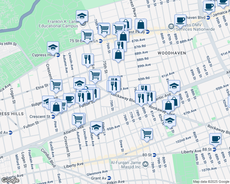 map of restaurants, bars, coffee shops, grocery stores, and more near 75-11 Rockaway Boulevard in Queens