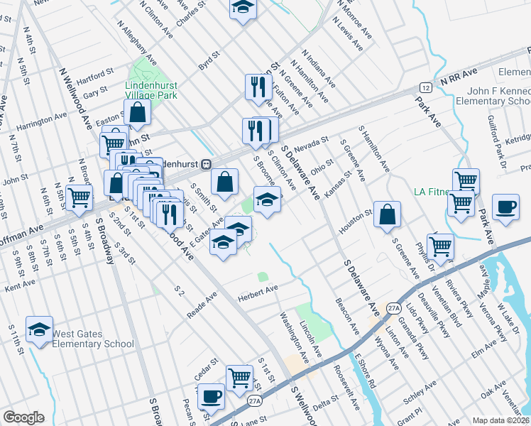 map of restaurants, bars, coffee shops, grocery stores, and more near 20 South Alleghany Avenue in Lindenhurst