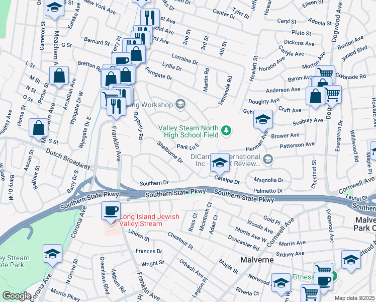 map of restaurants, bars, coffee shops, grocery stores, and more near 1043 Oak Court in Franklin Square