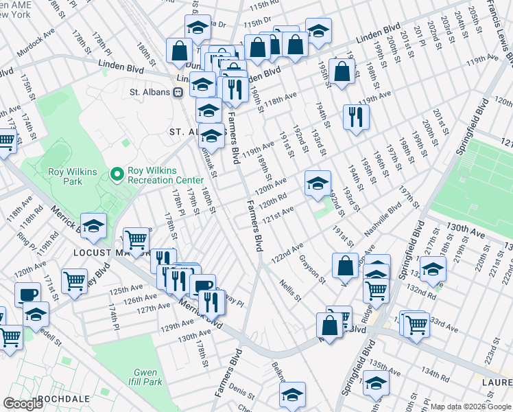 map of restaurants, bars, coffee shops, grocery stores, and more near 120-9 Farmers Boulevard in Queens