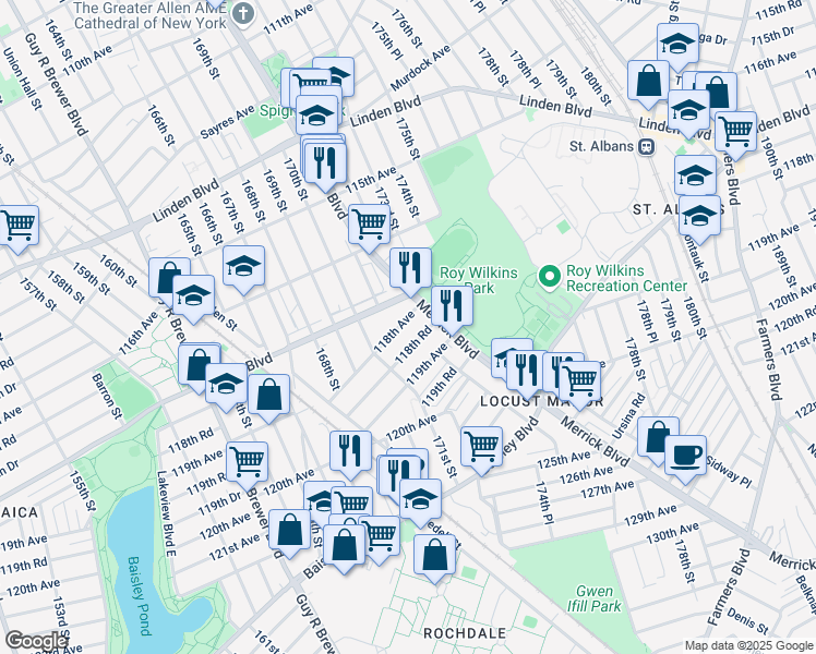map of restaurants, bars, coffee shops, grocery stores, and more near in Queens