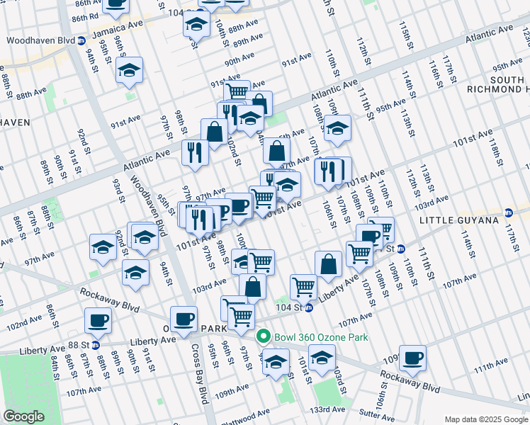 map of restaurants, bars, coffee shops, grocery stores, and more near 102-7 101st Avenue in Queens
