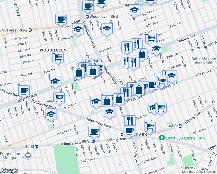 map of restaurants, bars, coffee shops, grocery stores, and more near 95-26 94th Street in Queens
