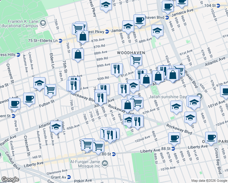 map of restaurants, bars, coffee shops, grocery stores, and more near 91-33 82nd Street in Queens
