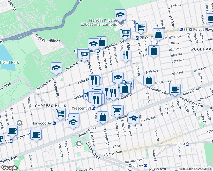 map of restaurants, bars, coffee shops, grocery stores, and more near 493 Ridgewood Avenue in Brooklyn