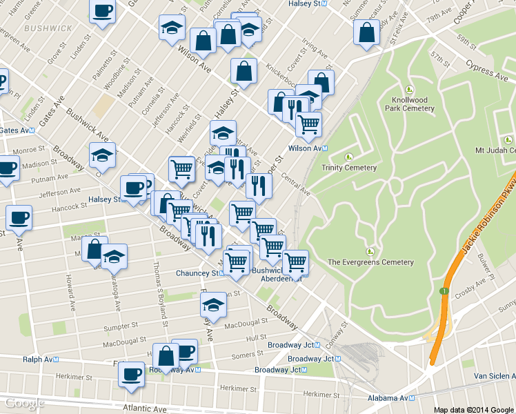 map of restaurants, bars, coffee shops, grocery stores, and more near in Brooklyn