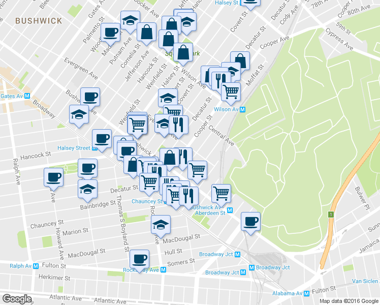 map of restaurants, bars, coffee shops, grocery stores, and more near in Brooklyn