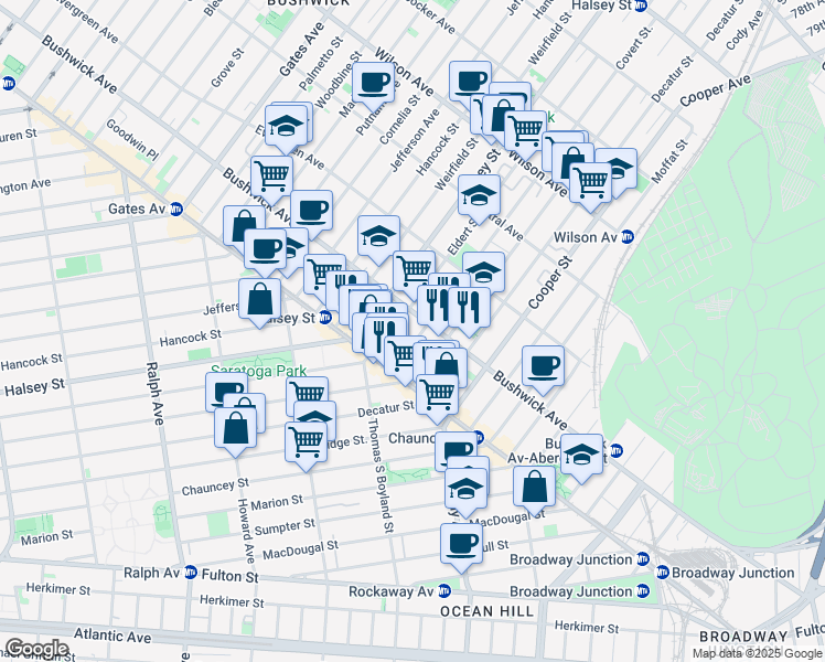 map of restaurants, bars, coffee shops, grocery stores, and more near 48 Covert Street in Brooklyn