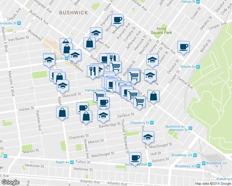 map of restaurants, bars, coffee shops, grocery stores, and more near 1567 Broadway in Brooklyn