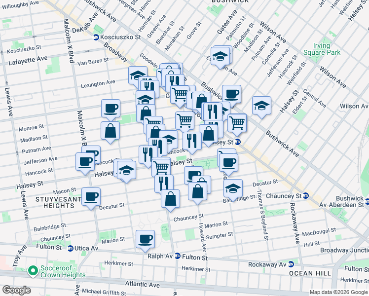 map of restaurants, bars, coffee shops, grocery stores, and more near 851 Hancock Street in Brooklyn