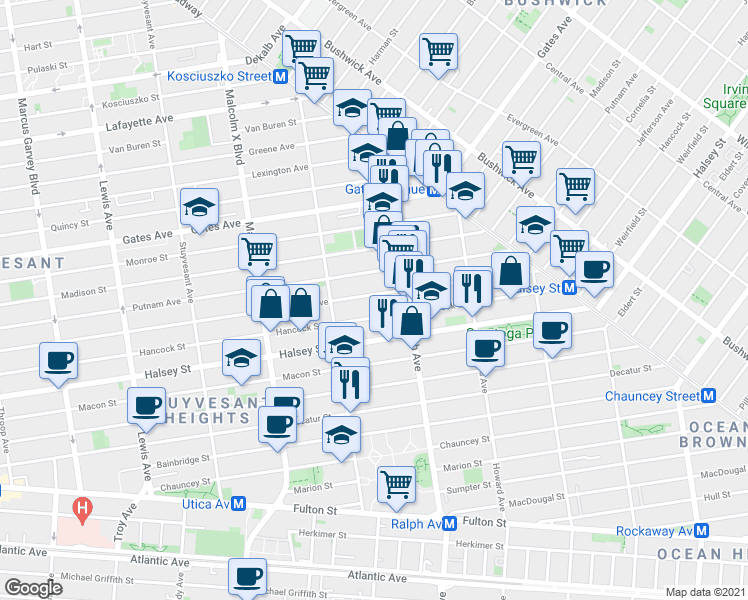 map of restaurants, bars, coffee shops, grocery stores, and more near 822 Jefferson Avenue in Brooklyn
