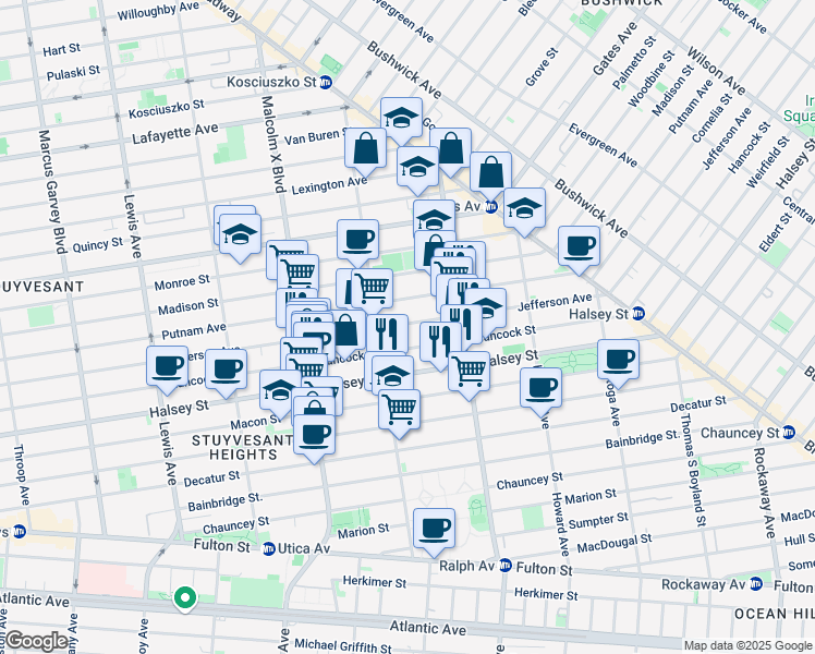 map of restaurants, bars, coffee shops, grocery stores, and more near 780 Jefferson Avenue in Brooklyn