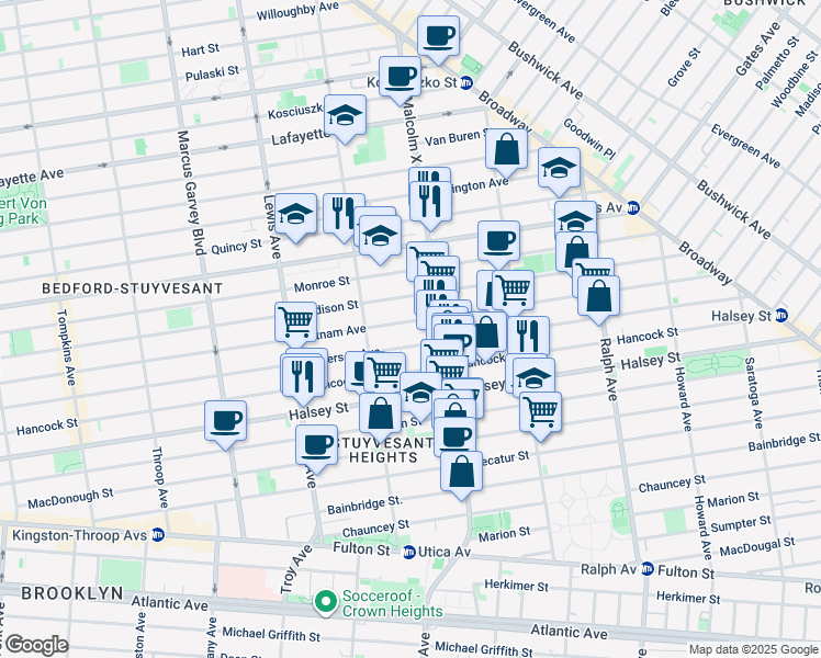 map of restaurants, bars, coffee shops, grocery stores, and more near 784 Putnam Avenue in Brooklyn