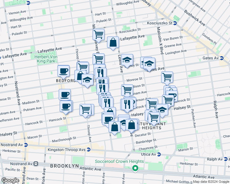 map of restaurants, bars, coffee shops, grocery stores, and more near 538 Madison Street in Brooklyn