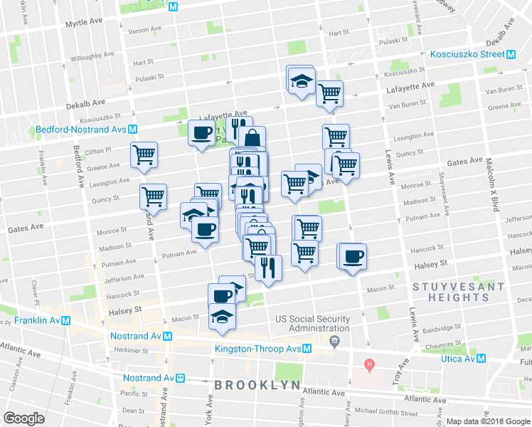 map of restaurants, bars, coffee shops, grocery stores, and more near 364 Monroe Street in Brooklyn