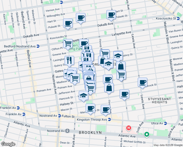 map of restaurants, bars, coffee shops, grocery stores, and more near 364 Monroe Street in Brooklyn