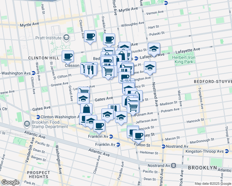 map of restaurants, bars, coffee shops, grocery stores, and more near 128 Quincy Street in Brooklyn