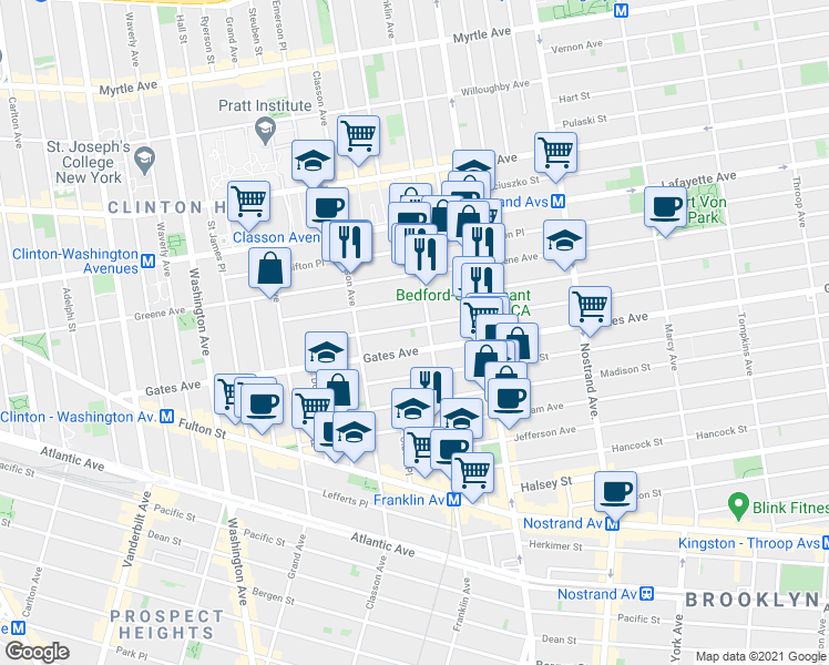map of restaurants, bars, coffee shops, grocery stores, and more near 94 Quincy Street in Brooklyn