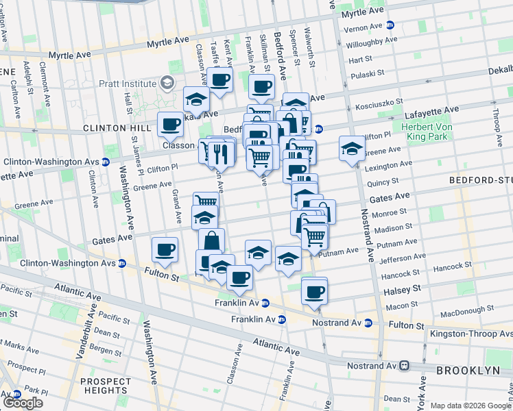 map of restaurants, bars, coffee shops, grocery stores, and more near 94 Quincy Street in Brooklyn