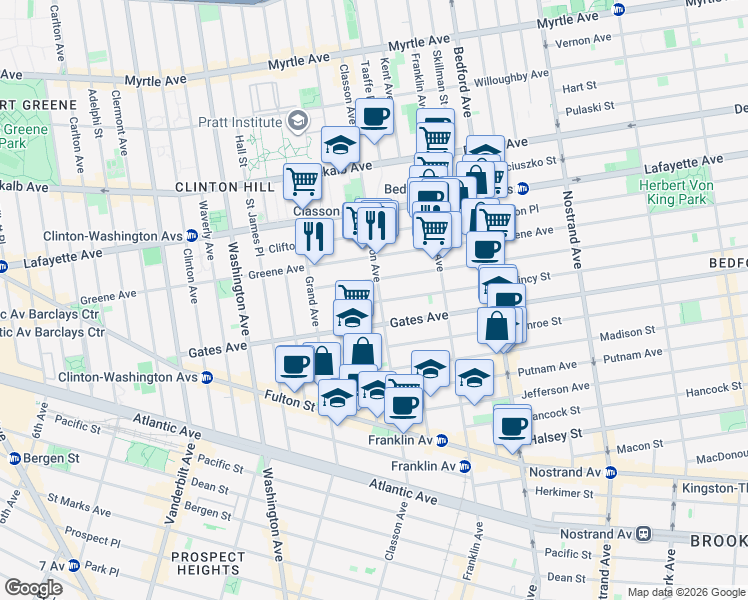 map of restaurants, bars, coffee shops, grocery stores, and more near 46 Quincy Street in Brooklyn
