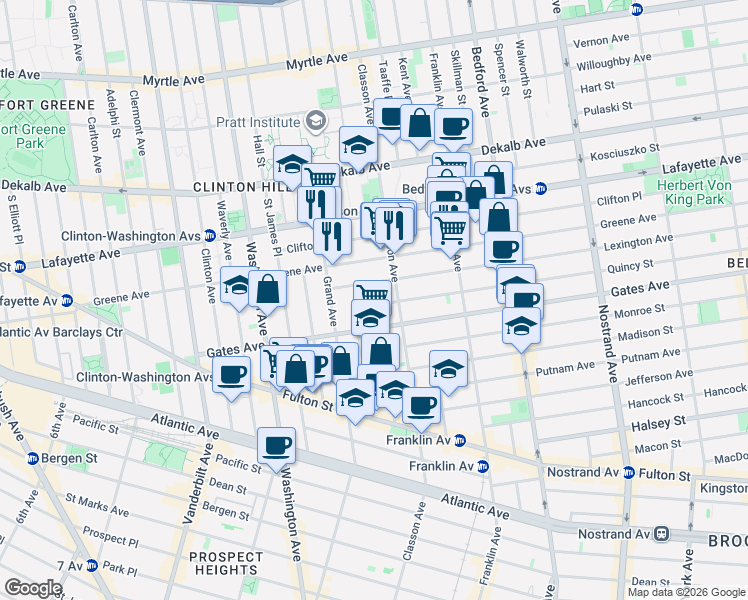 map of restaurants, bars, coffee shops, grocery stores, and more near 25 Quincy Street in Brooklyn