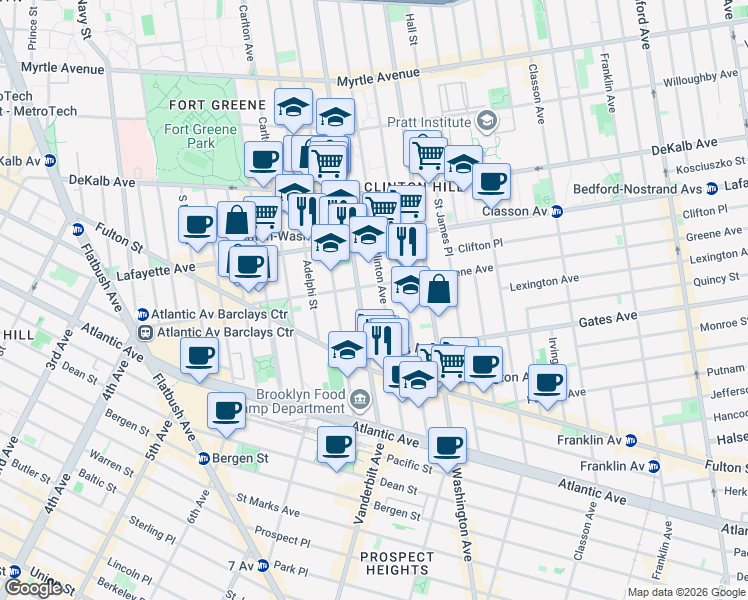 map of restaurants, bars, coffee shops, grocery stores, and more near 409 Vanderbilt Avenue in Brooklyn
