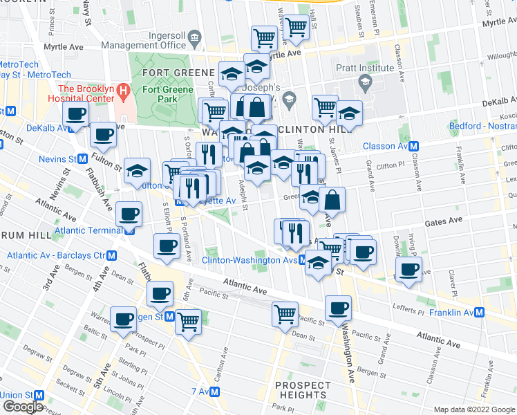 map of restaurants, bars, coffee shops, grocery stores, and more near 72 Greene Avenue in Brooklyn